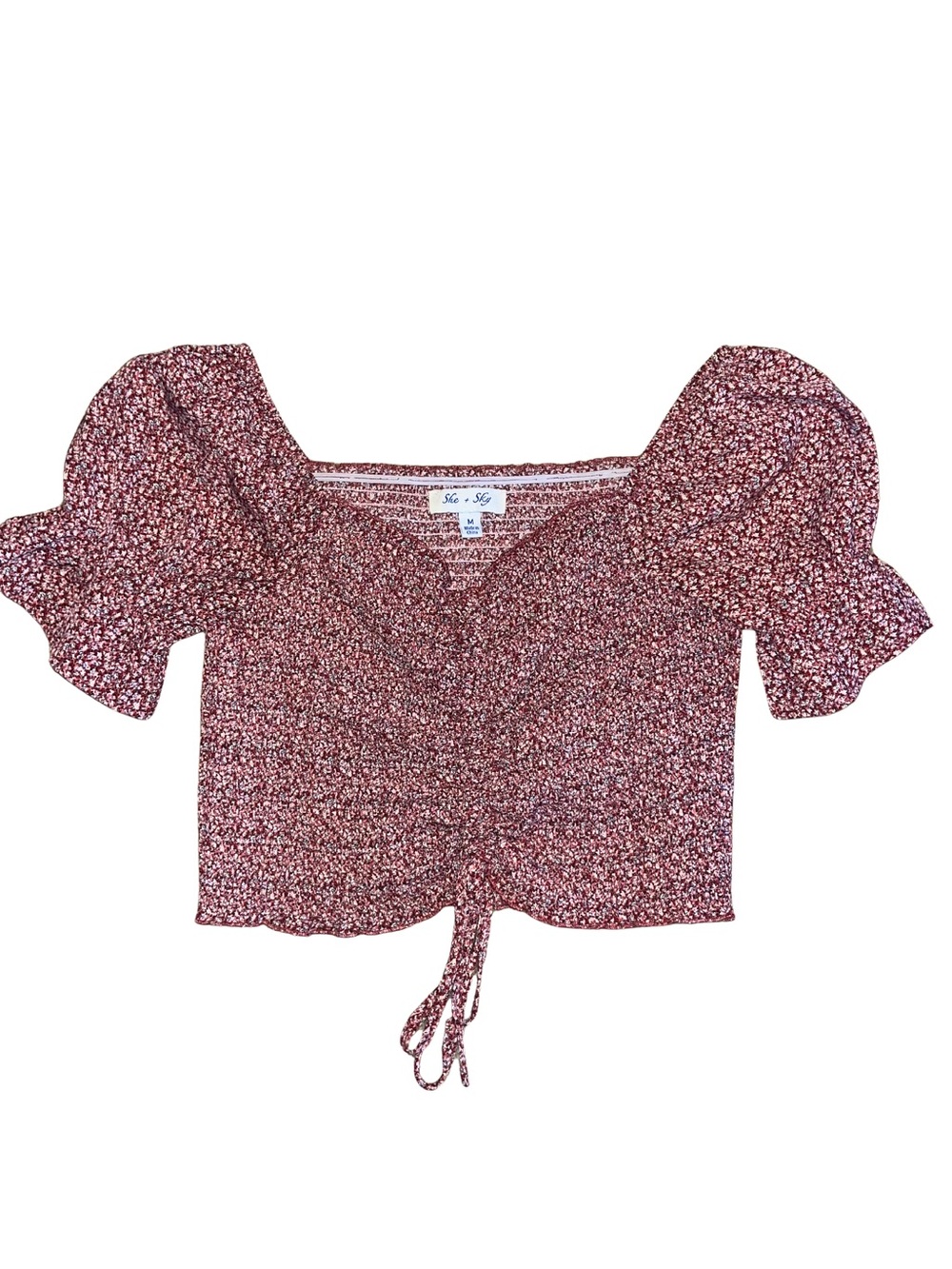 She + Sky Burgundy Floral Puff-Sleeve Tie-Front Crop Top
